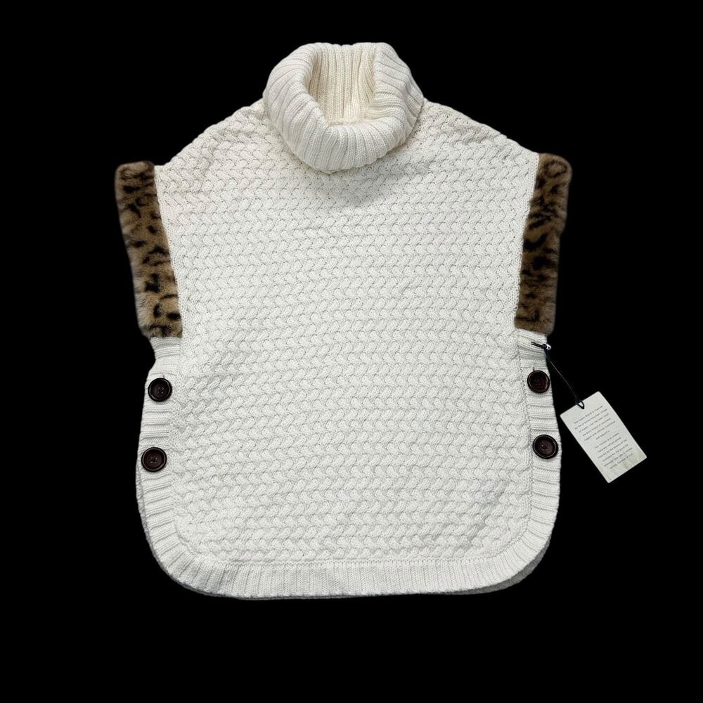 Aspen Kids Cream Knit Poncho Sweater Sz 7–8 Faux Fur Trim Button Side Turtleneck